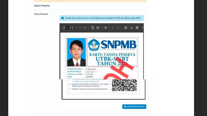 Contoh Kartu Peserta SNBT