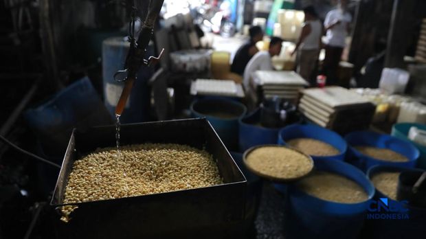 Pekerja membuat tahu berbahan kedelai impor di Kawasan Duren Tiga, Jakarta, Rabu (8/4/2026). (CNBC Indonesia/Muhammad Sabki) Pekerja membuat tahu berbahan kedelai impor di Kawasan Duren Tiga, Jakarta, Rabu (8/4/2026). (CNBC Indonesia/Muhammad Sabki)