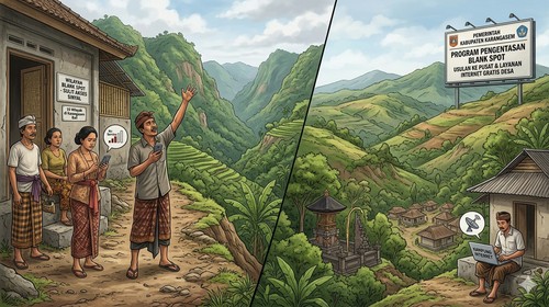 Ilustrasi 15 Wilayah di Karangasem Bali Masih Blank Spot, Warga Sulit Akses Sinyal. (Gemini AI)