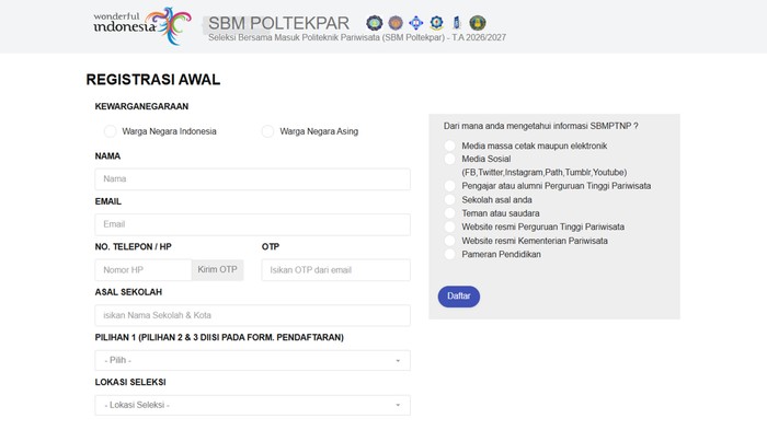 Pendaftaran Poltekpar 2026.