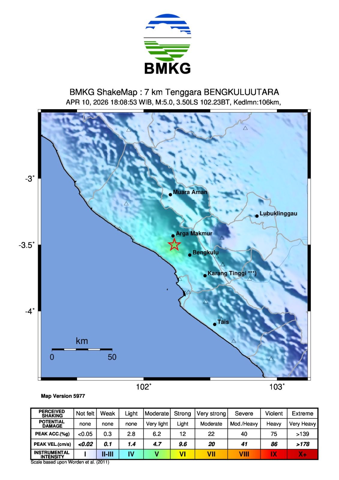 Gempa bumi mengguncang wilayah Arma Jaya, Bengkulu Utara, Bengkulu dengan kekuatan Magnitudo 5 pada Jumat (10/4/2026) Sekitar pukul 18.08.55 WIB. (Dok. BMKG)