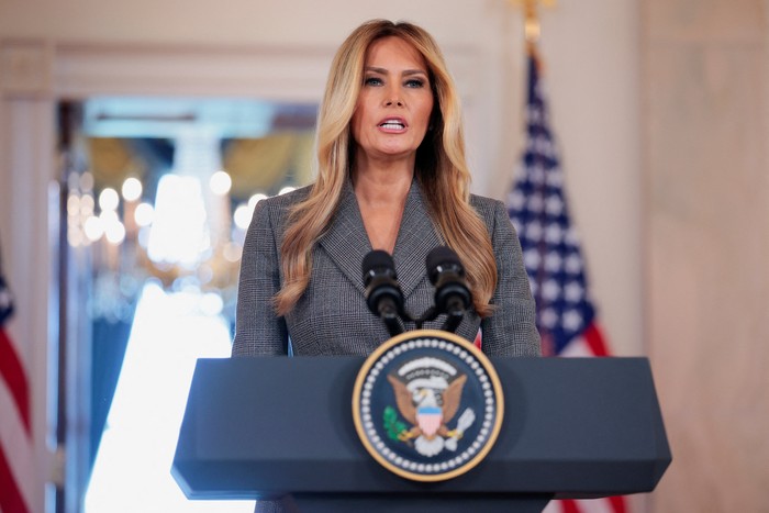 U.S. first lady Melania Trump delivers remarks regarding the late financier and convicted sex offender Jeffrey Epstein from the Grand Foyer of the White House in Washington, D.C., U.S., April 9, 2026. REUTERS/Evan Vucci