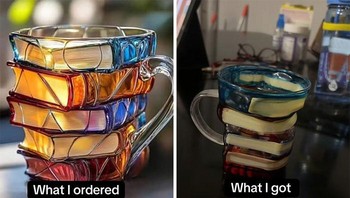 Di gambar promosinya sih bagus, tetapi saat datang kok bengkok gitu gelasnya. Foto: Bored Panda