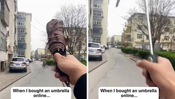 Beli payung online, baru dipakai sekali langsung rusak dan beterbangan. Bikin kesel! Foto: Boredpanda