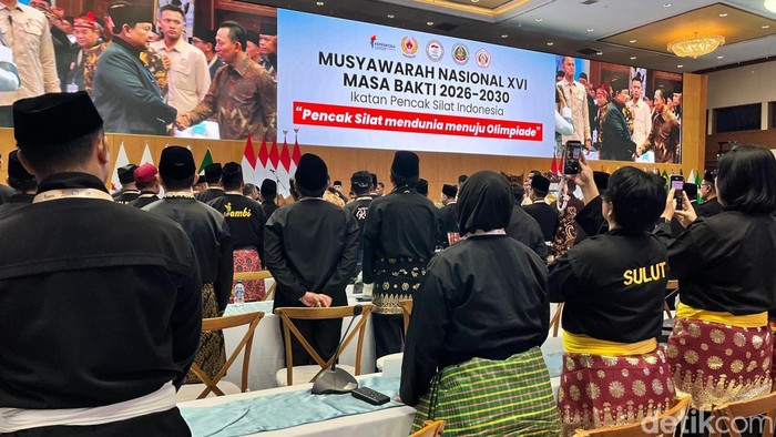 Presiden Prabowo Subianto menghadiri Musyawarah Nasional (Munas) ke-XVI Pengurus Besar Ikatan Pencak Silat Indonesia (PB IPSI) tahun 2026. (Ondang/detikcom)