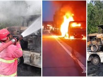 Video: Mobil Towing Angkut Wheel Loader Terbakar di Tol Lampung Ruas Bakter