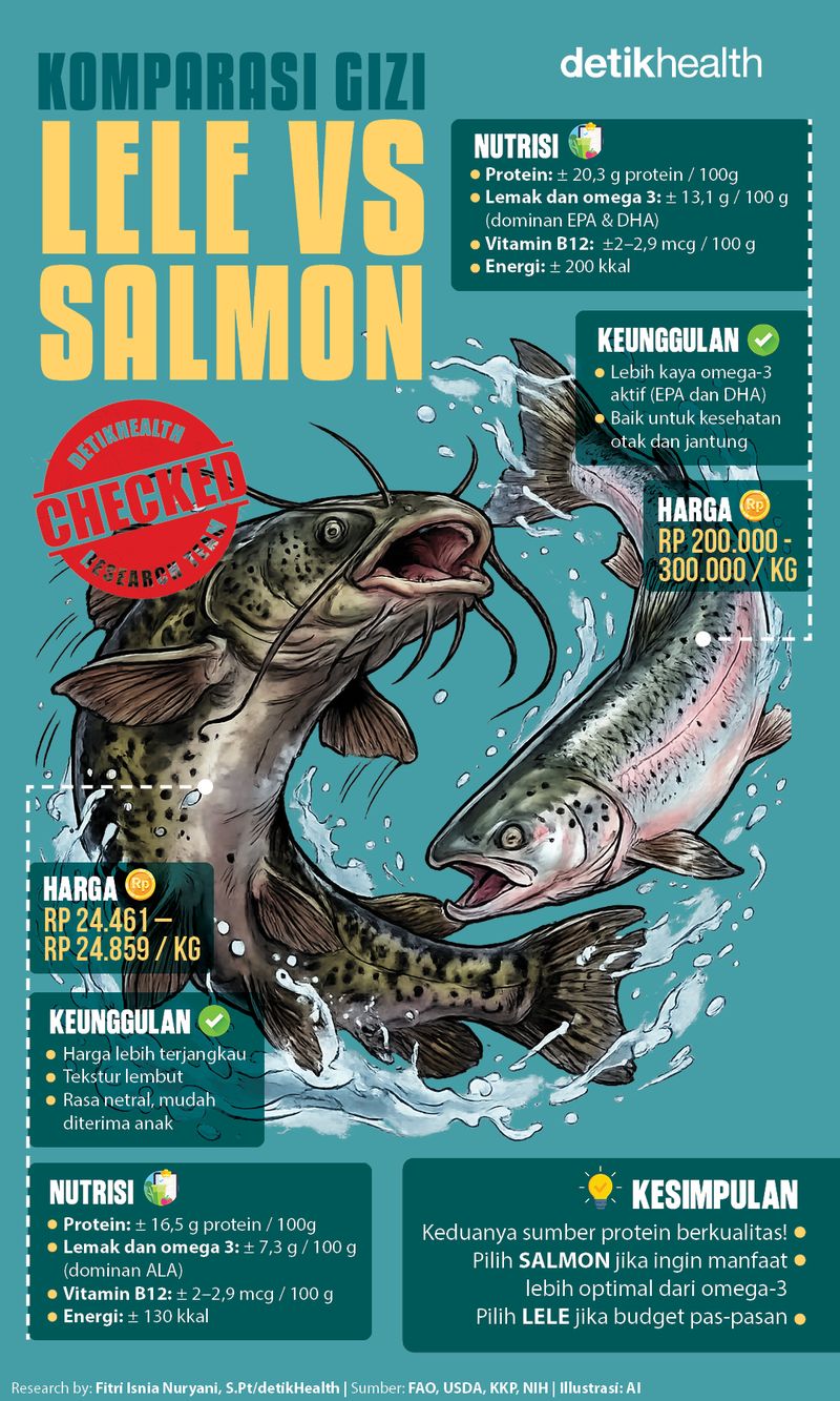 Infografis kolom gizi: lele vs salmon