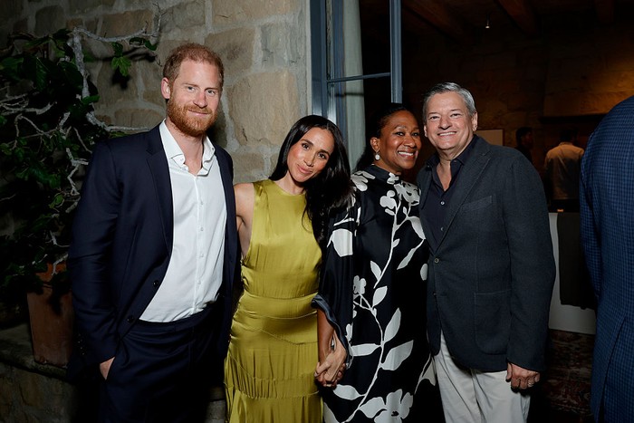 MONTECITO, CALIFORNIA - APRIL 10: (L-R) Prince Harry, Duke of Sussex, Meghan, Duchess of Sussex, Nicole Avant, and Ted Sarandos attend Netflixs BEEF season 2 Montecito Tastemaker at a private residence on April 10, 2026 in Montecito, California. (Photo by Stefanie Keenan/Getty Images for Netflix)