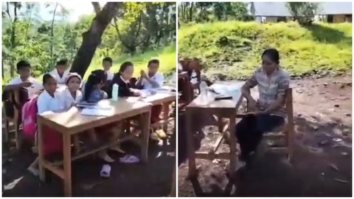 Siswa SDN Tando di Desa Robo, Kecamatan Welak, Manggarai Barat, NTT, mengikuti KBM di bawah pohon. (Tangkapan layar)