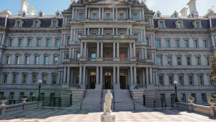 A statue of Italian explorer Christopher Columbus stands outside the Eisenhower Executive Office Building near the White House in Washington, D.C., U.S., March 23, 2026. REUTERS/Kylie Cooper