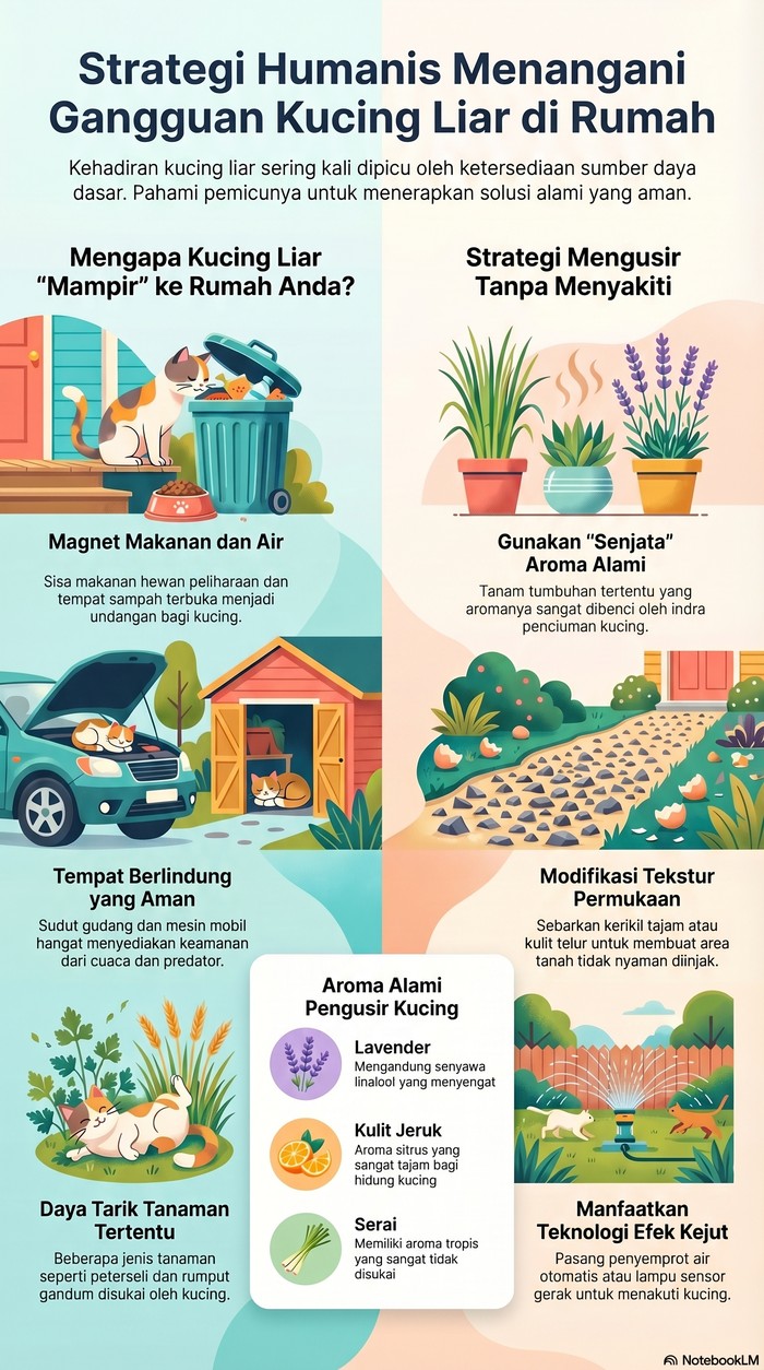 Infografis cara usir kucing liar masuk rumah.