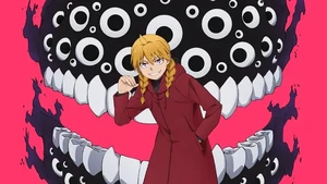 Karakter villain Gabby atau Gabu muncul dengan tsugai pelindungnya yang kuat berbentuk wajah penuh kelopak mata dan gigi-gigi tajam. Hanya segelintir orang yang bisa melihat tsugai milik Gabu. Ia berasal dari keluarga Kagemori yang muncul di episode 1 saat menyerang desa Higashimura. Foto: Dok.Crunhcyroll