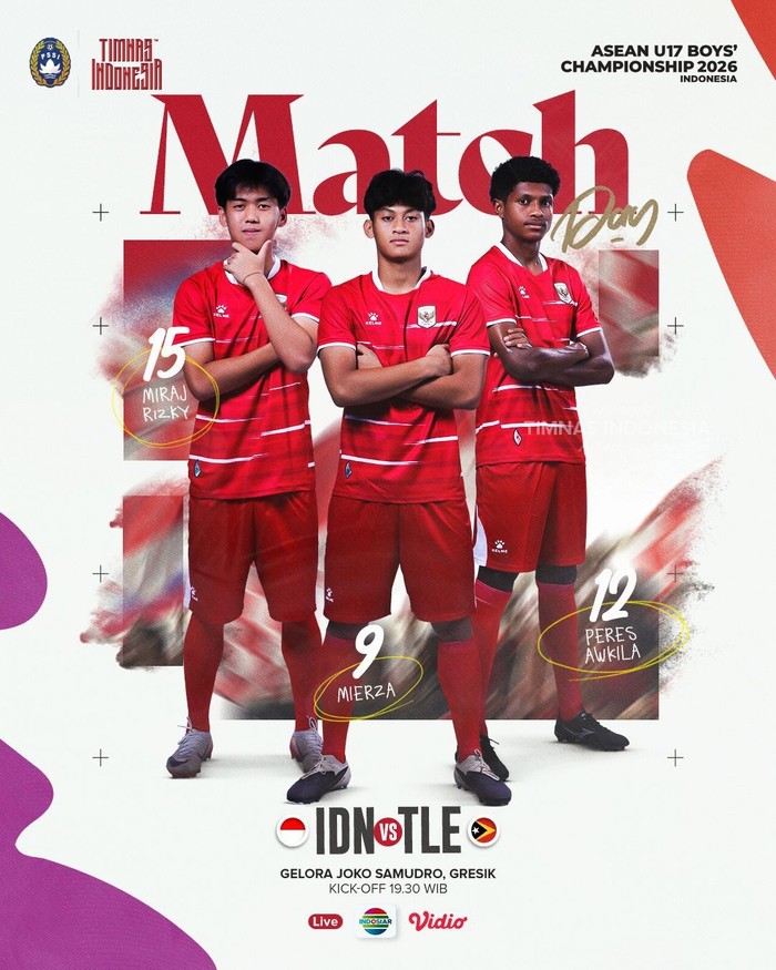 Timnas Indonesia U-17 Vs Timor Leste U-17 dalam laga pertama Grup A Piala AFF U-17 2026 malam ini.