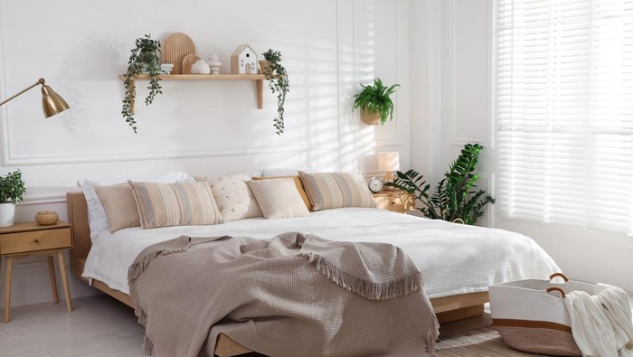 Stylish bedroom interior with large bed, houseplants and decorative elements
