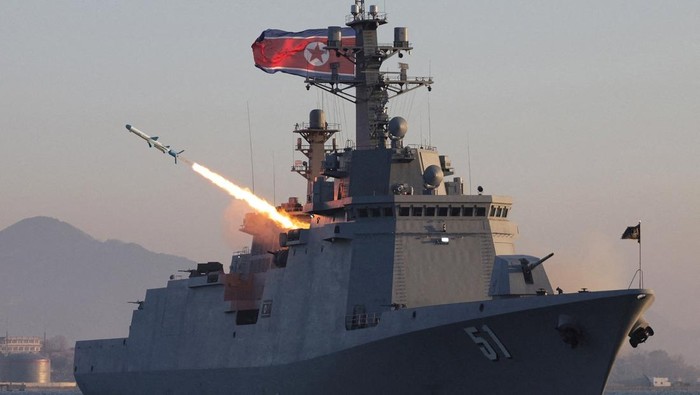 North Korean leader Kim Jong Un observes as strategic cruise missiles and anti-warship missiles are test-fired from the destroyer Choe Hyon, North Korea, April 12, 2026, in this photo released by North Korea's Korean Central News Agency (KCNA), April 14, 2026. KCNA via REUTERS ATTENTION EDITORS - THIS IMAGE WAS PROVIDED BY A THIRD PARTY. REUTERS IS UNABLE TO INDEPENDENTLY VERIFY THIS IMAGE. NO THIRD PARTY SALES. SOUTH KOREA OUT. NO COMMERCIAL OR EDITORIAL SALES IN SOUTH KOREA.
