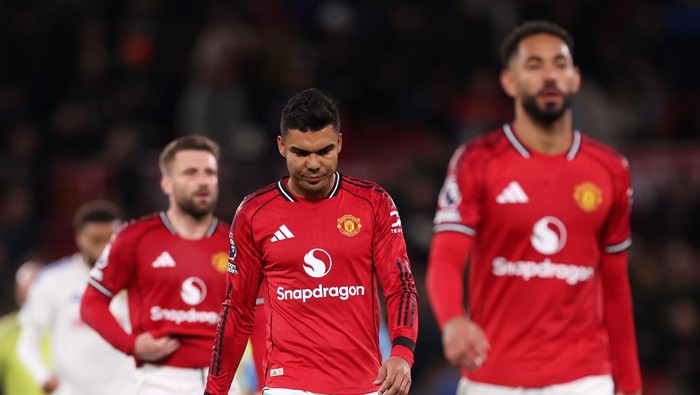 MANCHESTER, ENGLAND - APRIL 13: Casemiro of Manchester United looks dejected at half-time during the Premier League match between Manchester United and Leeds United at Old Trafford on April 13, 2026 in Manchester, England. (Photo by Carl Recine/Getty