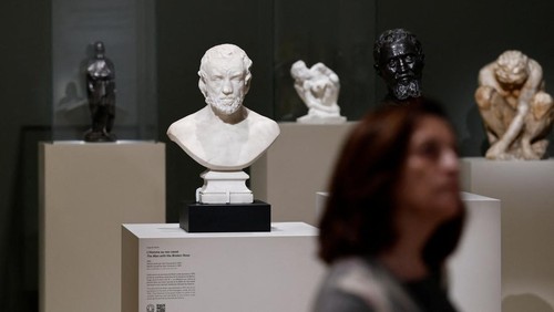 The Man with the Broken Nose (1864) sculpture by French sculptor Auguste Rodin stands on display during a press visit of the 