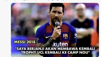 Janji lama kembali viral. Ucapan Lionel Messi soal membawa pulang trofi UCL kini jadi bahan candaan pahit. Foto: X.com