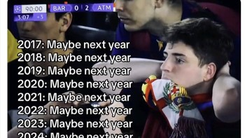 “Maybe next year” jadi mantra tahunan. Dari 2017 hingga kini, harapan fans Barcelona terus berulang tanpa hasil. Foto: X.com