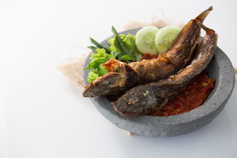 traditional indonesian culinary food. sambal and penyetan pecel lele. catfish with hot chili sauce
