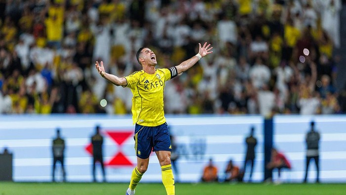 RIYADH, SAUDI ARABIA - APRIL 3: Cristiano Ronaldo of team Al Nassr FC celebrates scoring their fourth goal during the Saudi Pro League game between Al Nassr and Al Najmah at Al Awwal Park on April 3, 2026 in Riyadh, Saudi Arabia. (Photo by Abdullah Ahmed/Getty Images)