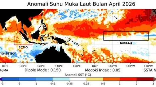 Anomali Suhu Muka Laut April 2026 rilis BMKG yang menunjukkan adanya potensi El Nino. (Dok. BMKG)