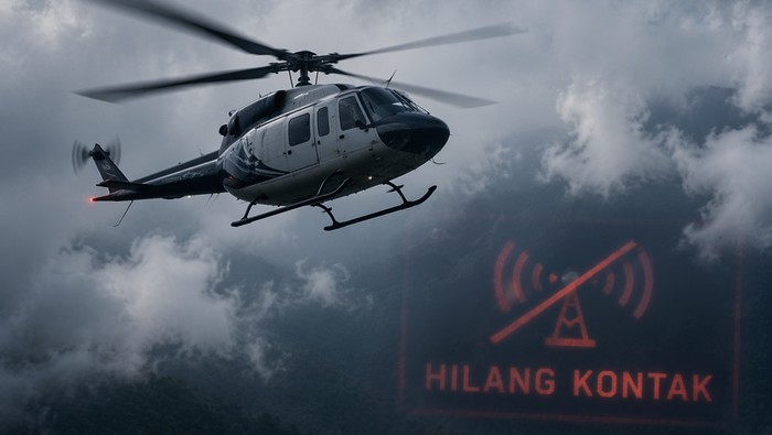 Ilustrasi helikopter hilang kontak. (AI/Chat GPT)