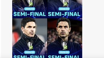 Mikel Arteta menyamai prestasi Arsene Wenger yang dua kali meloloskan Arsenal ke semifinal Liga Champions. Tapi jumlah laga Arteta jauh lebih sedikit. Foto: X.com