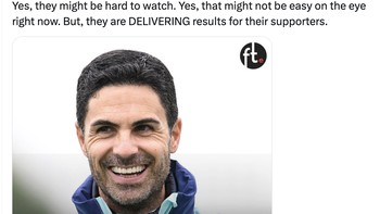 Musim ini, Mikel Arteta dinilai menunjukkan prestasi bagus bersama Arsenal di berbagai kompetisi. Foto: X.com