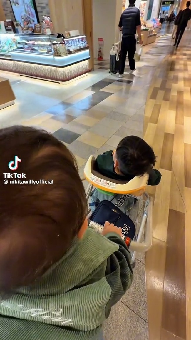 Dalam video yang dibagikan terlihat Nikita yang menggendong anak keduanya, Nael. Sementara anak pertamanya, Issa, tampak duduk di stroller yang ia dorong. Foto: TikTok/@nikitawillyofficial