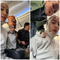 Nikita juga membagikan momen saat ia bersama suami dan anak-anaknya berada dalam pesawat. Issa duduk di tengah-tengah Nikita, sementara Nael sibuk berdiri di sebelah Nikita. Foto: TikTok/@nikitawillyofficial