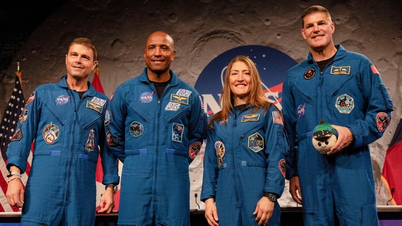 A plush moon sits on the table while the four-member crew of the Artemis II Moon mission's Orion capsule speak during a press conference at NASA's Johnson Space Centre in Houston, Texas, U.S., April 16, 2026.  REUTERS/Lexi Parra