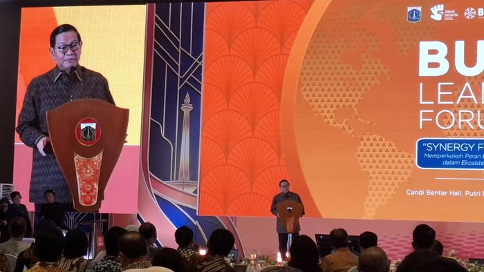Pramono Anung dalam acara BUMD Leaders Forum 2026 di Ancol, Jakarta Utara, Jumat (17/4/2026).