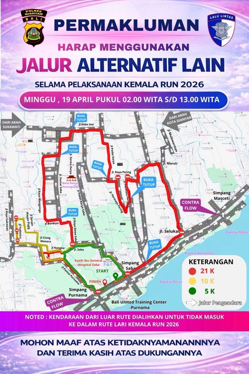 Skema rekayasa lalin selama pelaksanaan event lari Kemala Run 2026 di di Jalan Bypass Ida Bagus Mantra, Gianyar, Minggu (19/4/2026). (Foto: Dok. Polda Bali)