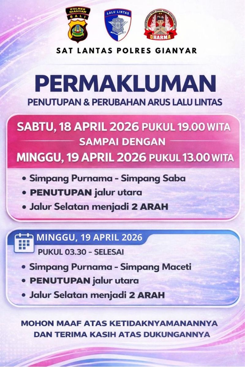 Skema rekayasa lalin selama pelaksanaan event lari Kemala Run 2026 di di Jalan Bypass Ida Bagus Mantra, Gianyar, Minggu (19/4/2026). (Foto: Dok. Polda Bali)