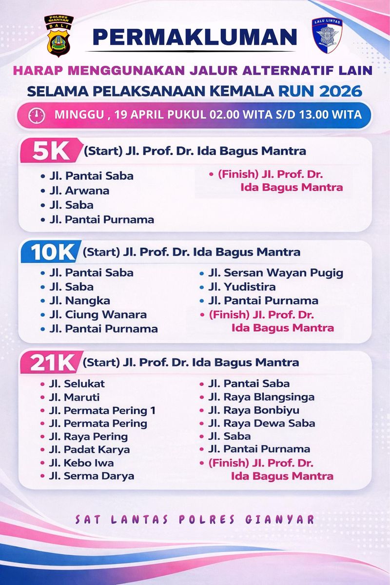 Skema rekayasa lalin selama pelaksanaan event lari Kemala Run 2026 di di Jalan Bypass Ida Bagus Mantra, Gianyar, Minggu (19/4/2026). (Foto: Dok. Polda Bali)