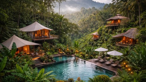 Ilustrasi lanskap penginapan bernuansa alam di Bali dengan tenda glamping dan vila kayu di tengah perbukitan hijau. (Chat GPT)