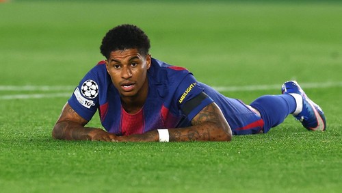 Soccer Football - UEFA Champions League - Quarter Final - First Leg - FC Barcelona v Atletico Madrid - Spotify Camp Nou, Barcelona, Spain - April 8, 2026 FC Barcelonas Marcus Rashford reacts REUTERS/Albert Gea