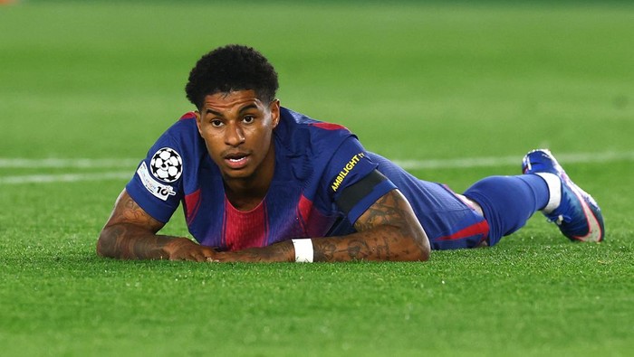 Soccer Football - UEFA Champions League - Quarter Final - First Leg - FC Barcelona v Atletico Madrid - Spotify Camp Nou, Barcelona, Spain - April 8, 2026 FC Barcelonas Marcus Rashford reacts REUTERS/Albert Gea