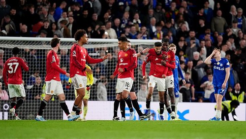 Manchester Uniteds players celebrate at the final whistle after the Premier League match at the Stamford Bridge, London. Picture date: Saturday April 18, 2026. (Photo by John Walton/PA Images via Getty Images)