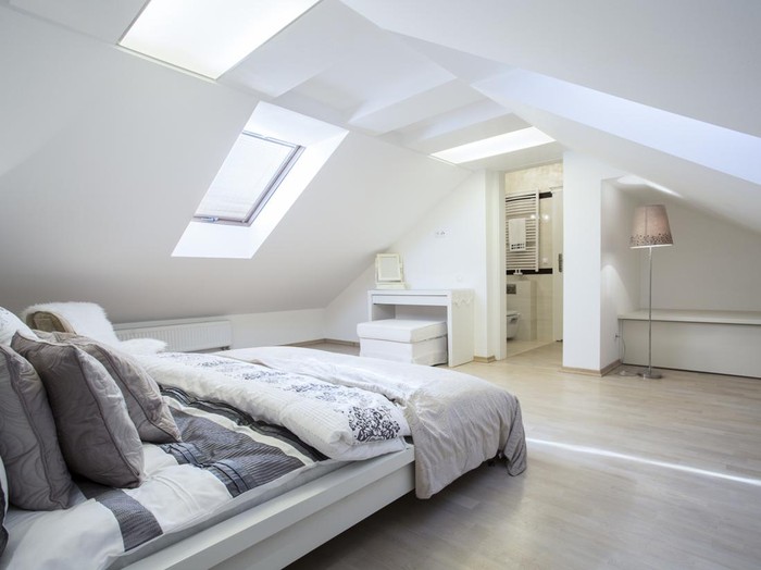 Spacious and fashionable bedroom connected with bathroom