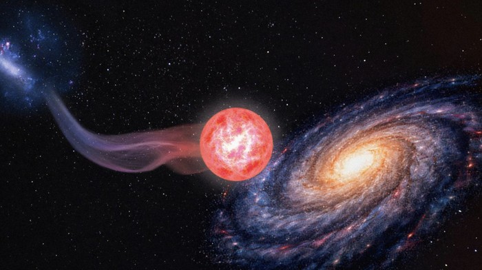 Sebuah ilustrasi karya seniman tentang bintang raksasa merah SDSS J0915-7334, yang lahir di dekat Awan Magellan Besar dan kini telah melakukan perjalanan untuk berada di Galaksi Bima Sakti. Kredit: Navid Marvi/Carnegie Science