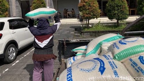 Seorang pedagang beras lokal Desa Takmung-Klungkung tengah mengangkat sendiri barang dagangannya di area Kantor Bupati Klungkung, Senin (20/4/2026). Fatih Kudus Jaelani/detikBali.
