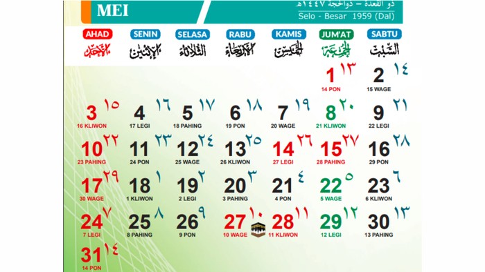 Kalender Mei 2026 lengkap tanggal merah, libur nasional, dan cuti bersama