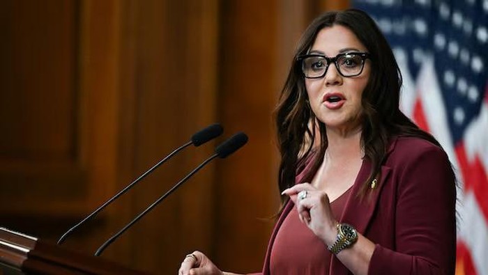 U.S. Secretary of Labor Lori Chavez-DeRemer speaks at a press conference with U.S. Speaker of the House Mike Johnson and other House Republicans, more than a month into the ongoing U.S. government shutdown on Capitol Hill in Washington, D.C., U.S., N