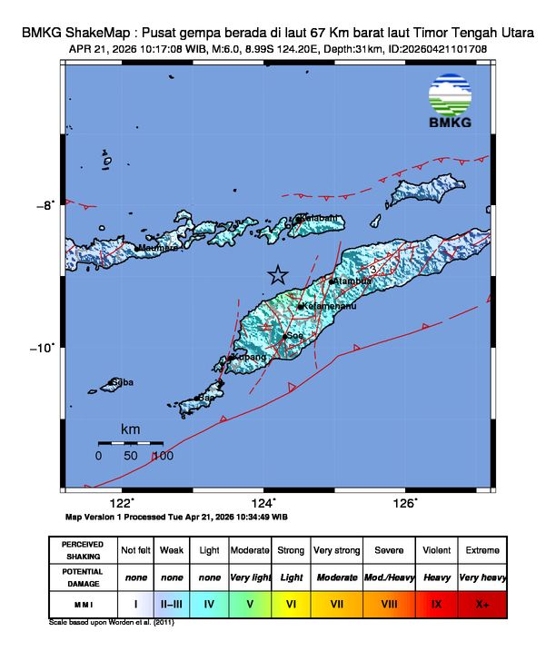 Pusat gempa berada di laut 67 Km barat laut Timor Tengah Utara. (BMKG)