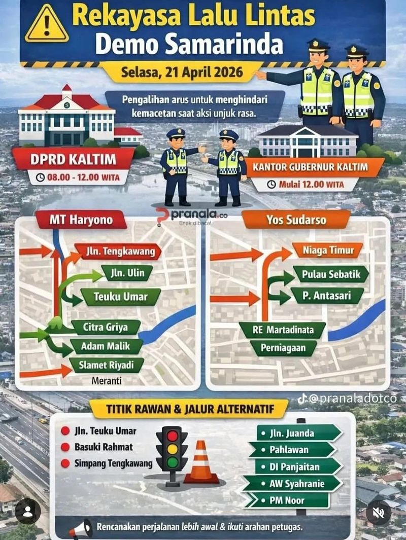 Rekayasa lalu lintas saat demo 21 April di Samarinda.