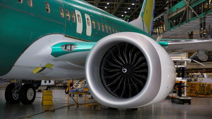 A 737 MAX airplane is seen on the final assembly production line during a media tour of the Boeing factory in Renton, Washington, U.S., April 15, 2026.   REUTERS/Genna Martin
