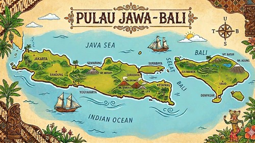 Ilustrasi Pulau Jawa dan Bali. (Gemini AI)
