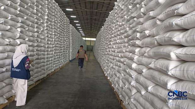 Inspeksi Mendadak Menteri Pertanian dan Direktur Utama Perum Bulog dalam rangka pengecekan stok beras di JDP karawang 1 Logistic Park, Karawang, Jawa Barat, Kamis (23/4/2026). (CNBC Indonesia/Martya Rizky)